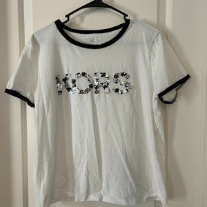 Michael Kors Floral Embellished Ringer White Shirt XL